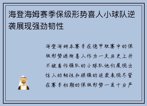 海登海姆赛季保级形势喜人小球队逆袭展现强劲韧性